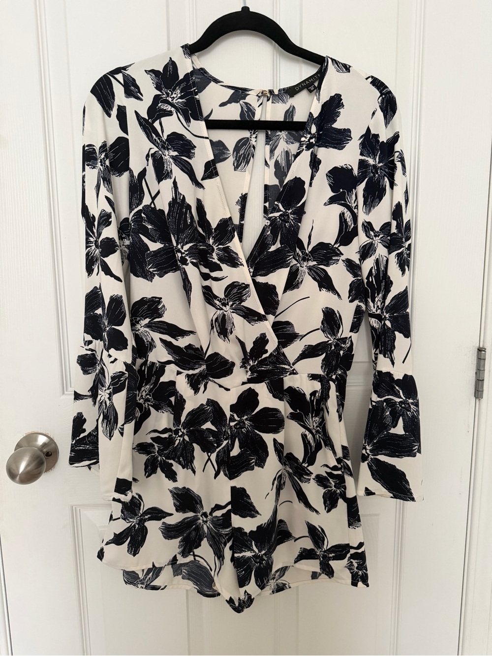 Dynamite Blue and White Floral Wrap Romper